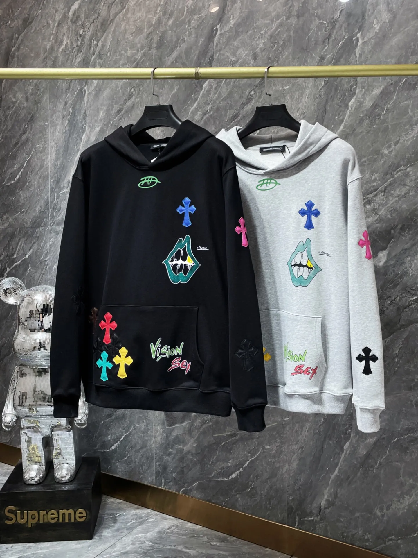 P276 Chrome Hearts Autumn and Winter 2025 Counter Synchronization Colorful cross patchwork leather Sanskrit hand-painted graffiti hooded sweatshirt Special customized version 1:1 high weight fabric Highest version Imported leather Recommended color: black gray Code number: S, M, L, XL